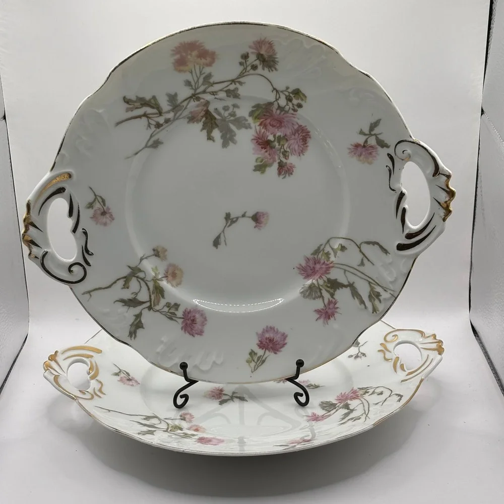Antique J Pouyat Limoges France Floral Handled Cake Plate Pink Chrysanthemum 10